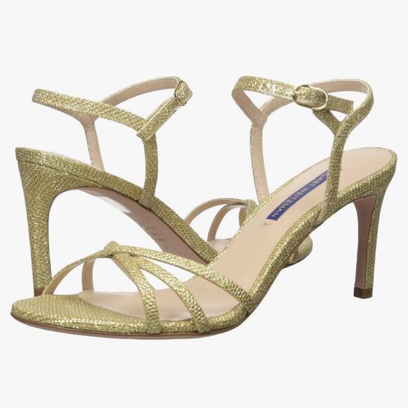 STUART WEITZMAN Starla Stiletto Heel Sandal, Gold Noir, Women 9.5 Preowned - Picture 1 of 15